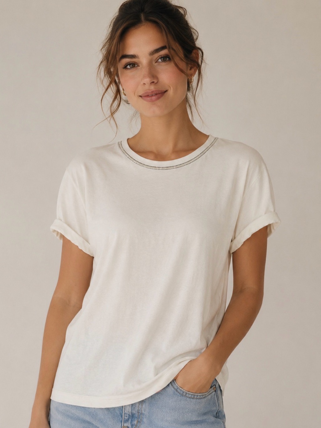 Brunello Cucinelli Monili Trim Cotton Tee Made In Italy